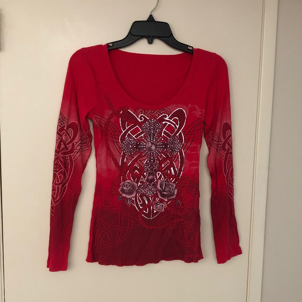 FANG Red Boho Graphic Long Sleeve Knit Top with Nailhead accent! Vintage Size M